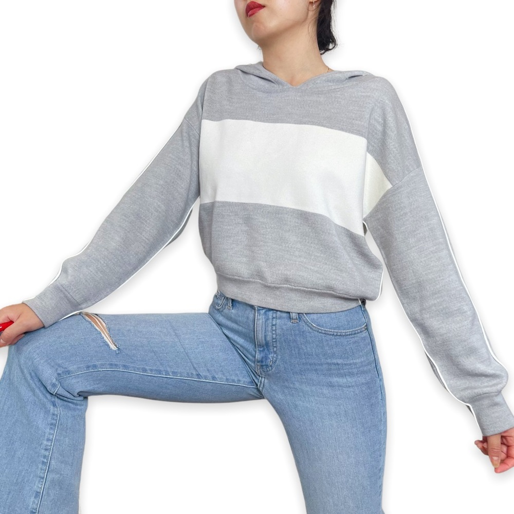 Alice + Olivia Gray and White Hooded Stripe Sweater